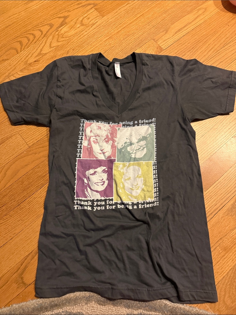 Graphic V-Neck Tee with Retro Pop Portraits - Charcoal, Purple, Yellow, Green